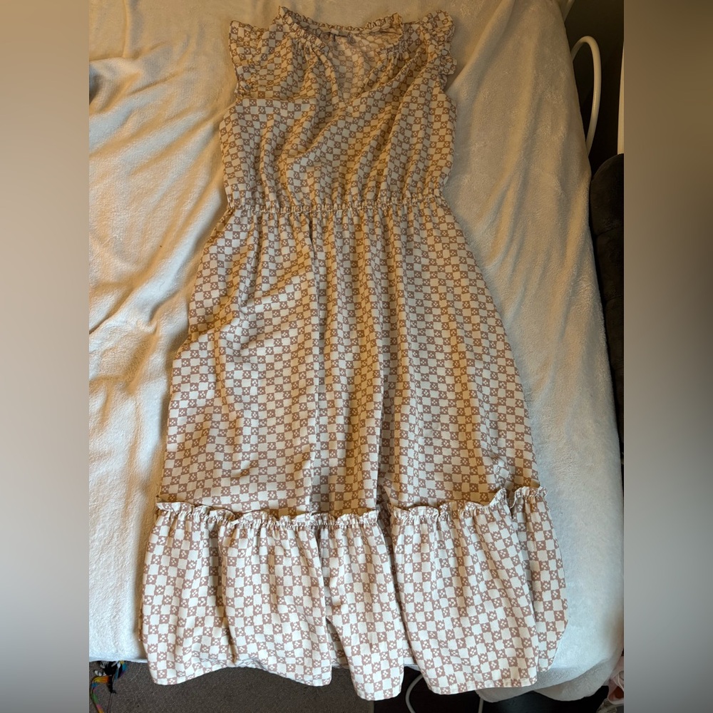LOFT Cap Sleeve Dress in Cream and Brown Pattern